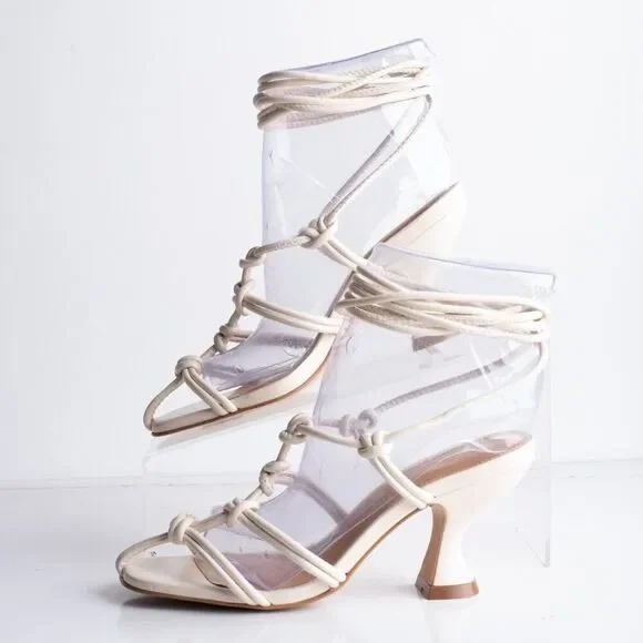 Anthropologie Womens Cream Caged Sandals Heels Lace tie Sz 5 EU 35 Leather New - Picture 5 of 10